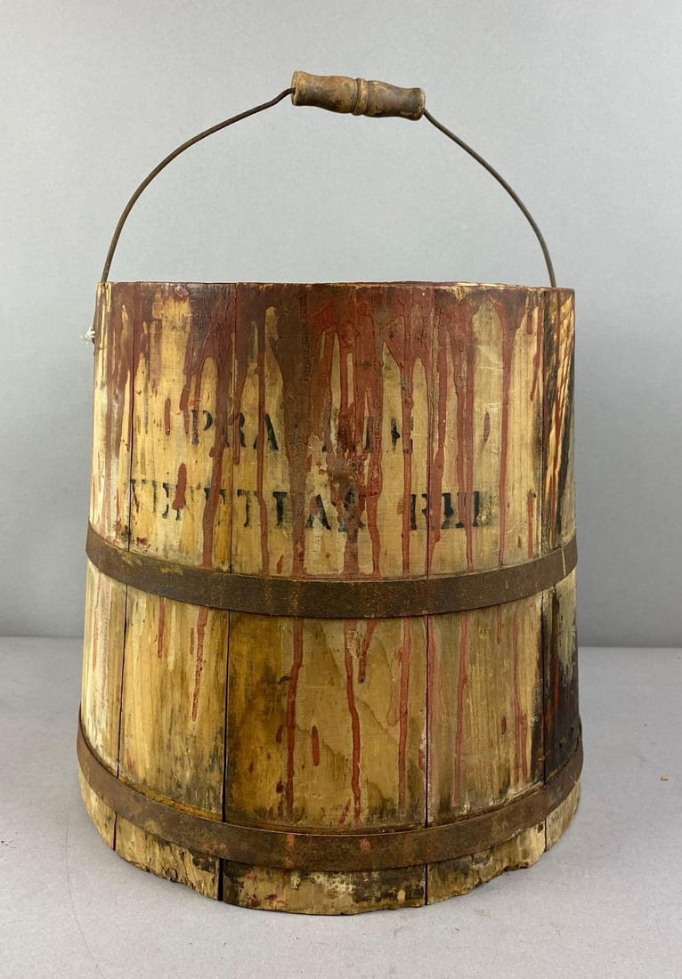 Primitive Staved Wood Paint Bucket: Has old paint residue inside. Measure L 13 x W 13 inches.
