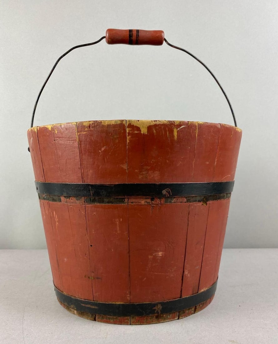 Primitive Red Bucket: Measures L 12 x W 9 inches.