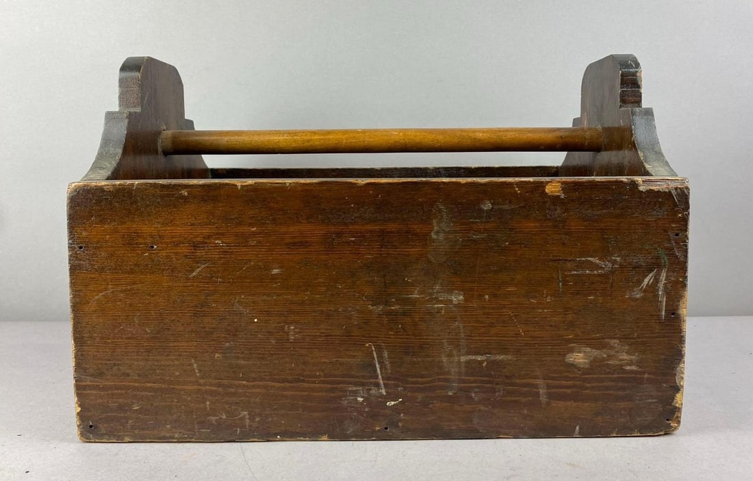 Antique Wood Tool Caddy: Measure H 11 1/2 x W 13 x L 14 inches.
