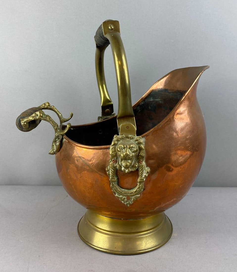 Vintage Copper and Brass Coal Bucket: Made in Holland measures 13 inches tall.