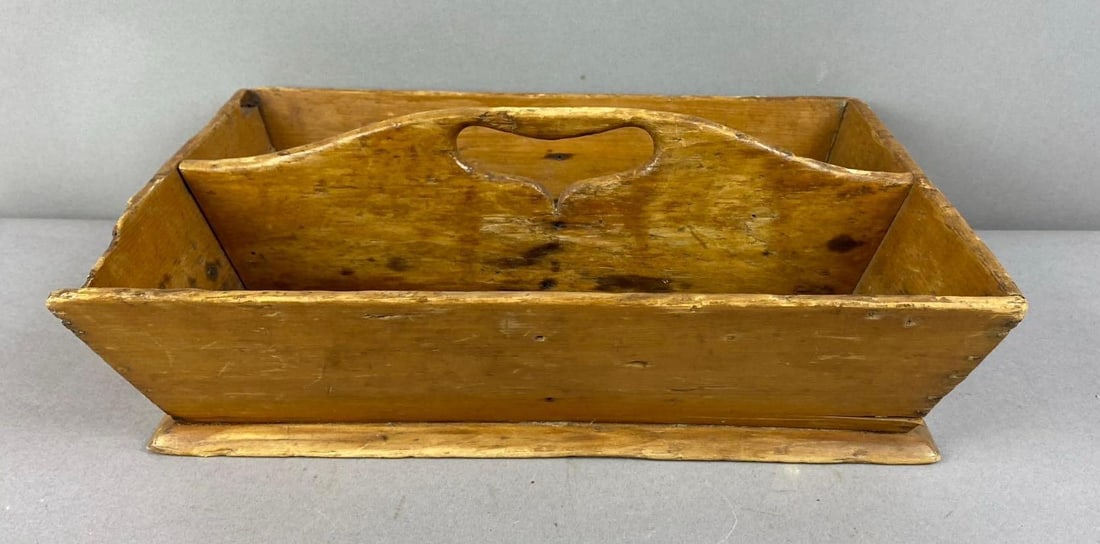 Antique 1850s Wood Utensils Caddy: Measures H 3 x W 9 x L 13 inches.