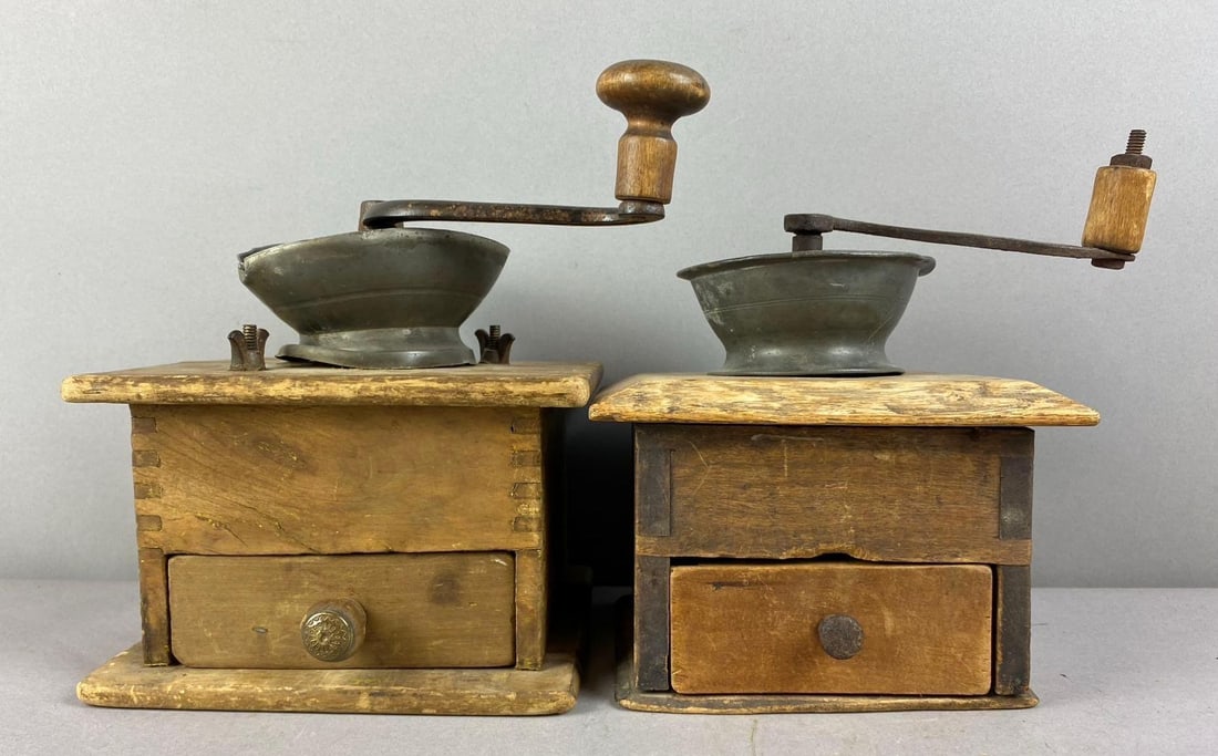Group of 2 Antique 1880s Wood Coffee Mill Grinder: Tested bad working. Has dings and wear throughout.