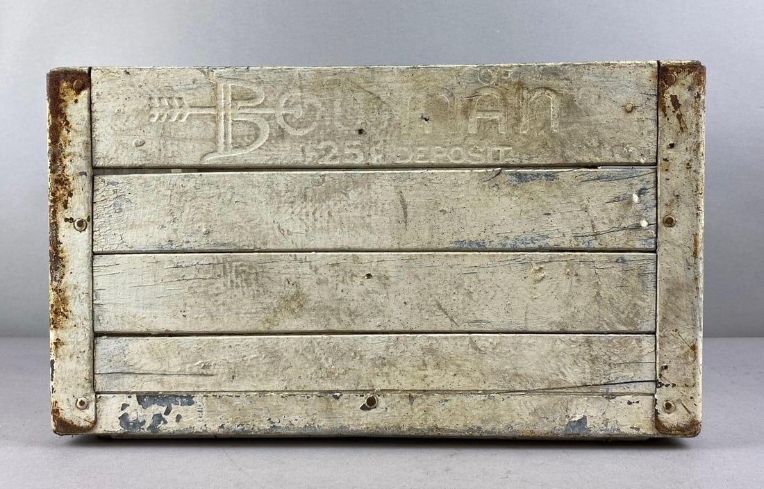 Vintage 1957 Bowman Wood Milk Crate: Painted White. Has broken sides. Measures H 11 x W 13 x L 18 inches.