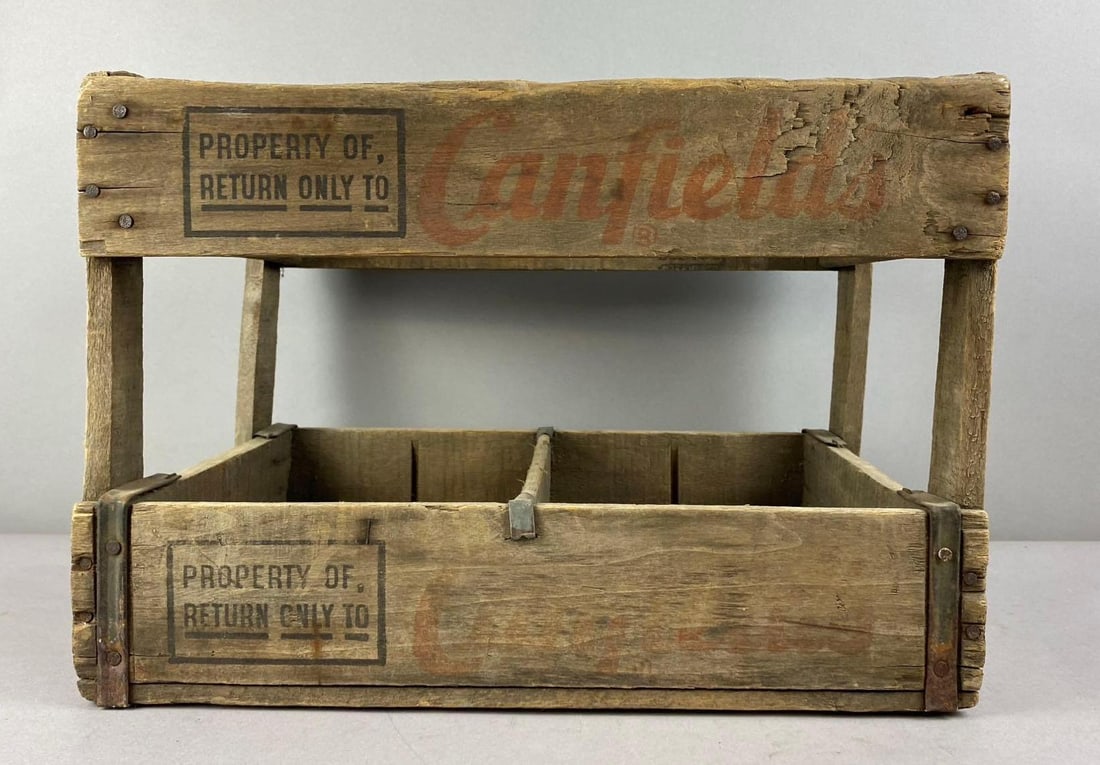 Vintage Canfields Wood Crate: Measures H 12 x W 11 x L 18 inches.