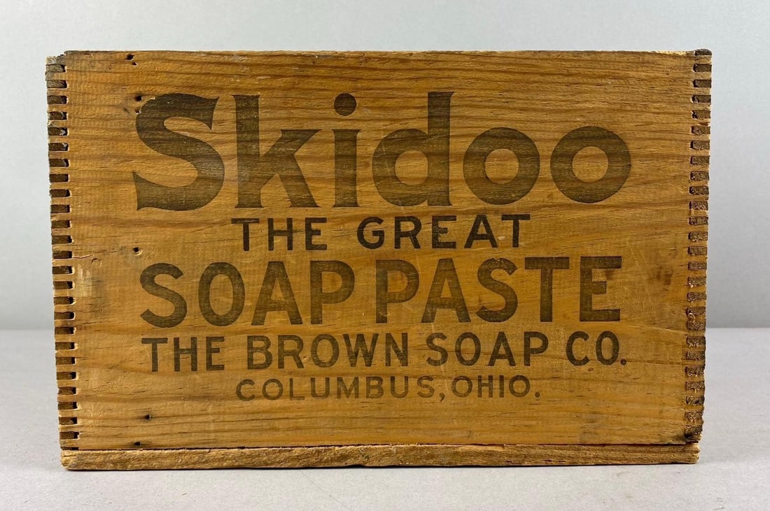 Vintage Skidoo The Great Soap Paste Wood Box: Measures H 8 1/2 x W10 x L 13 inches.