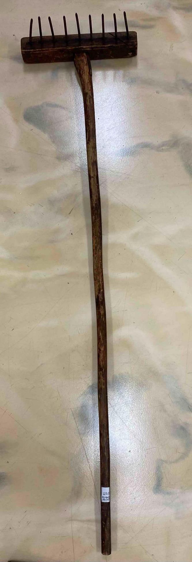 Primitive Wood Garden Rake: Measures 61 inches in length. No in house shipping. Third party recommended.