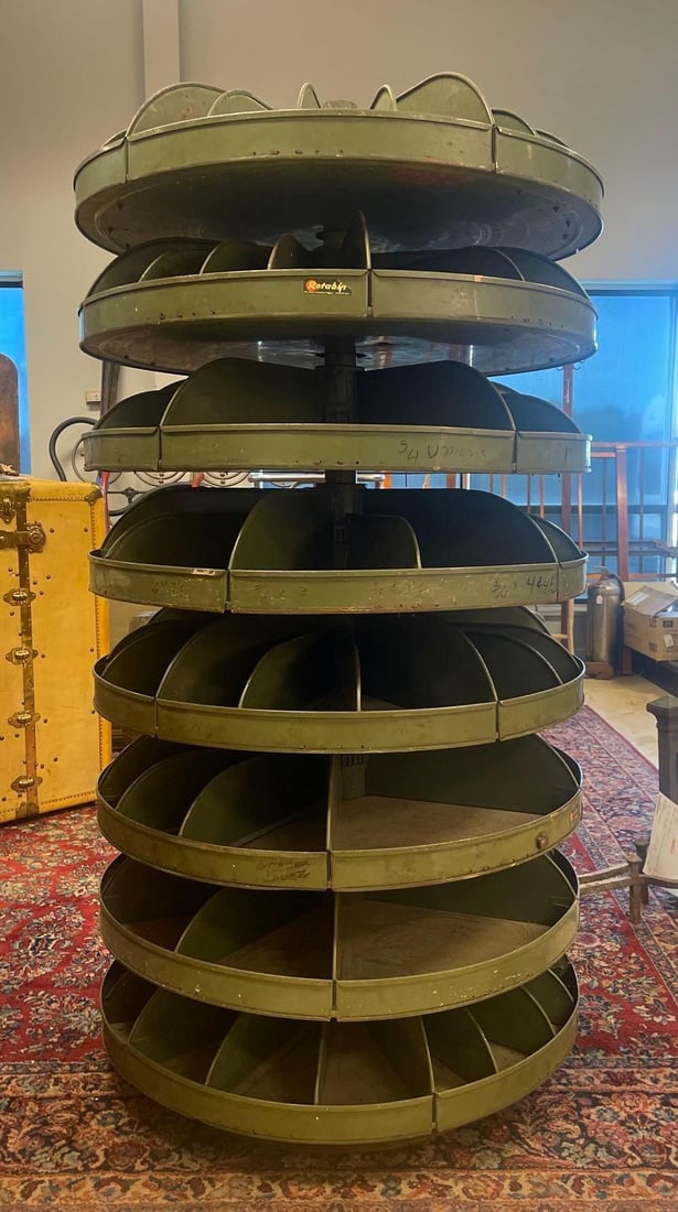 Vintage Rotabin Rotating Industrial Metal Parts Organizer: No in-house shipping available, 3rd party shipper or pickup recommended. Each shelf lifts off center pole for moving, measures 65 inches x 36 inches