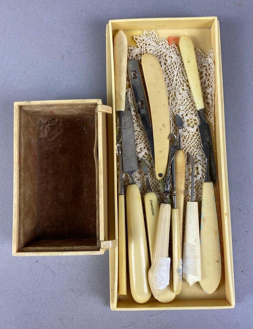 Antique 1920 Celluloid Grooming Set: Includes Nail set and more. Largest measures 10 inches in length.