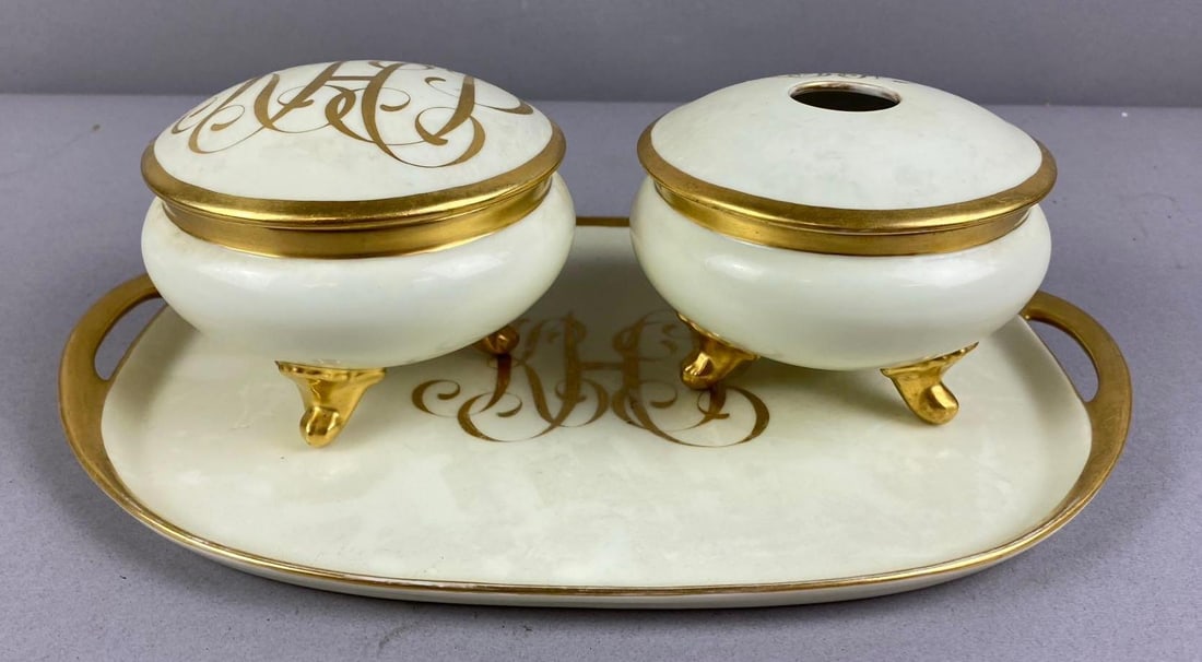 Group of 3 Vintage Cream Porcelain Vanity Set: Largest measures 11 inches in length.
