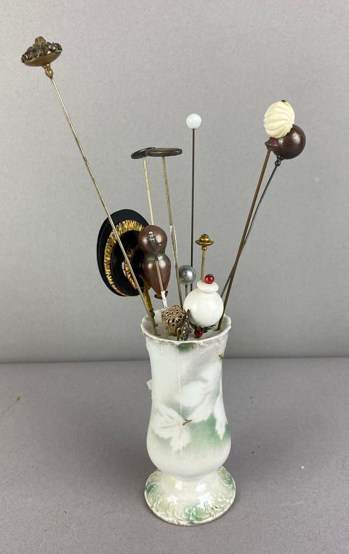 Antique Porcelain Hatpin Holder with Hatpins (1 of 3)