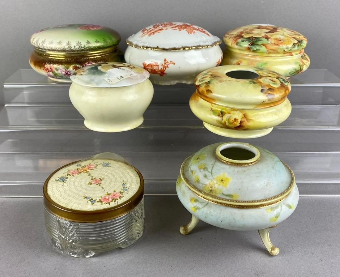 Group of 7 Antique 1880s Victorian Porcelain Hair Receiver Jar: Includes floral design. Largest measures 5 inches in diameter. Stand not included.