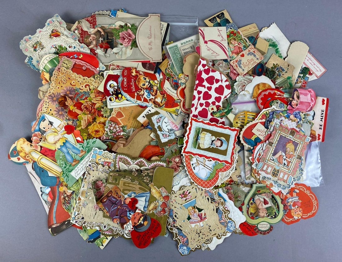 Group of Antique 1920s Valentine Day Cards and More: Includes Advertising, Birthday cards, and more. Rips and tears throughout