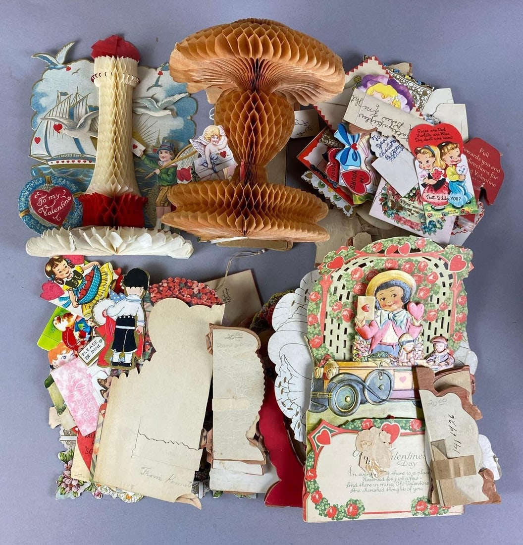 Group of 50+ Antique 1920s Honeycomb Valentine Day Cards and More: Includes Antique Valentine day cards and post cards. Rips and tears throughout