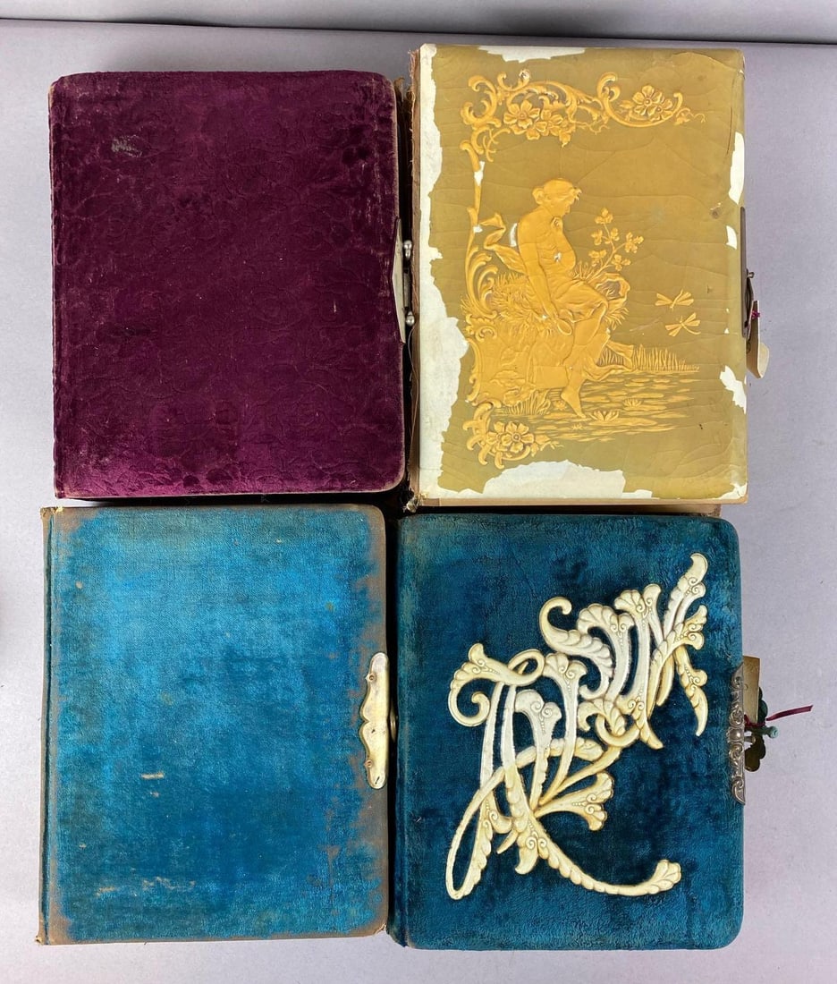 Group of 4 Antique 1880s Victorian Felt Family Photo Albums: For parts or restoration. Most are detached from book cover or have problems. Includes photos or are empty. Largest measures L 10 x W 9 inches.