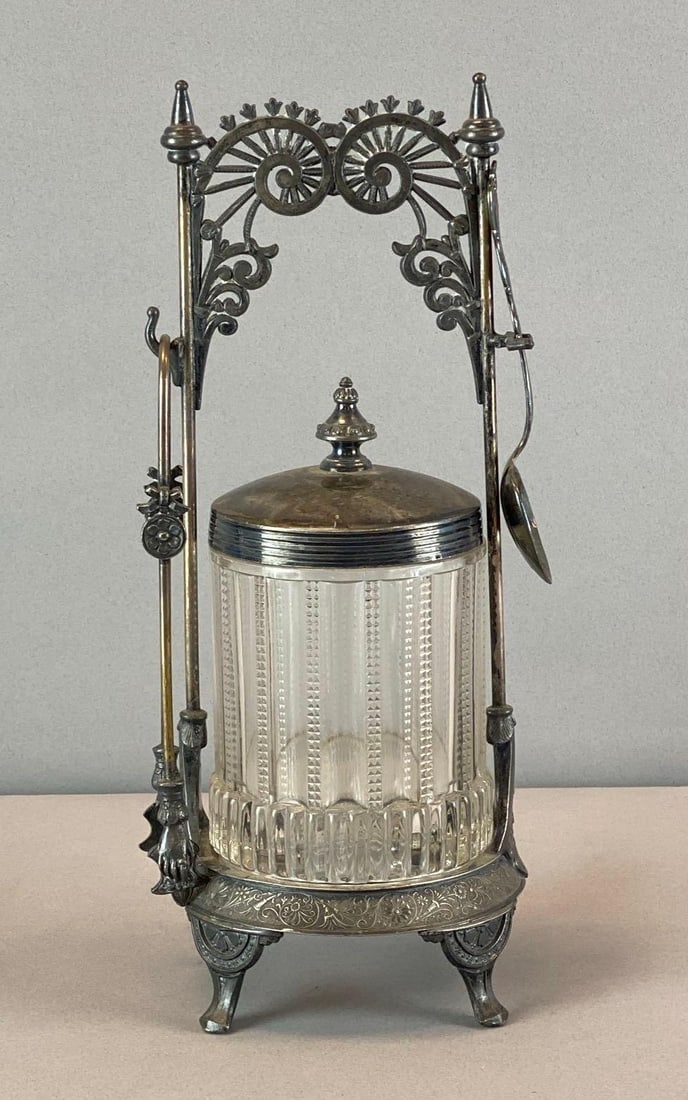 Victorian Meriden Silver Plated Crystal Floral Motif Pickle Castor: Includes original tongs and spoon, paneled crystal insert, measures 10 3/4 inches H x 4 3/4 inches W x 4 inches D