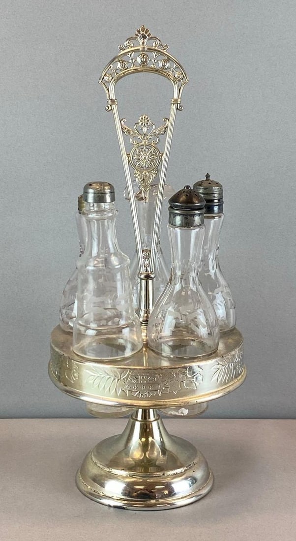 Victorian Silver Plate Floral Etched Glass Cruet Set (1 of 3)