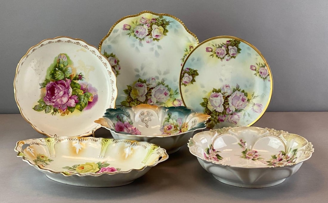 Group of 6 Vintage Rose Motif Porcelain Plates and Bowls (1 of 3)