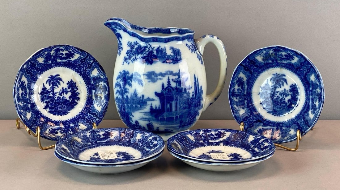 Group of 7 British Flow Blue Porcelain Saucers and Pitcher (1 of 5)