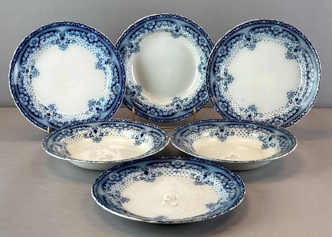 Group of 6 F and S Sandon Burslem Flow Blue Plates and Bowls (1 of 4)