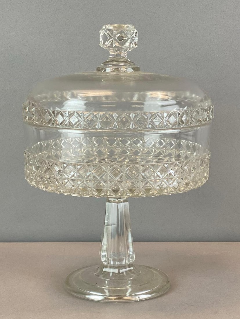 EAPG Centerpiece Covered Pedestal Compote: Early American pressed glass, Measures 11 1/2 inches H x 8 inches W x 8 inches D