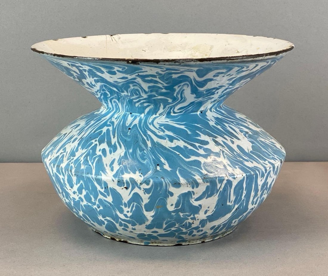 Vintage Cast Iron Enamel Spittoon: some chipping, measures 5 3:4 inches H x 8 inches W