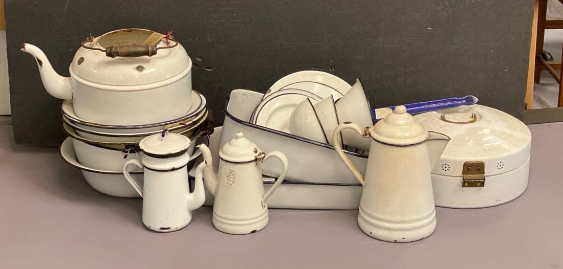 Group of White Enamelware Coffee Pots and More: Includes boilers, pans, plates and more, largest measures 7 inches H x 12 inches W