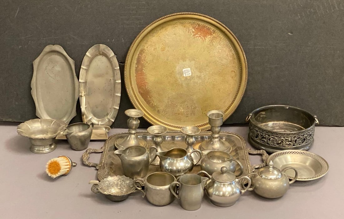 Group of Assorted Silver Plate Items: Includes trays, candlesticks, creamers, sugars and more, largest tray measures 15 inches in diameter