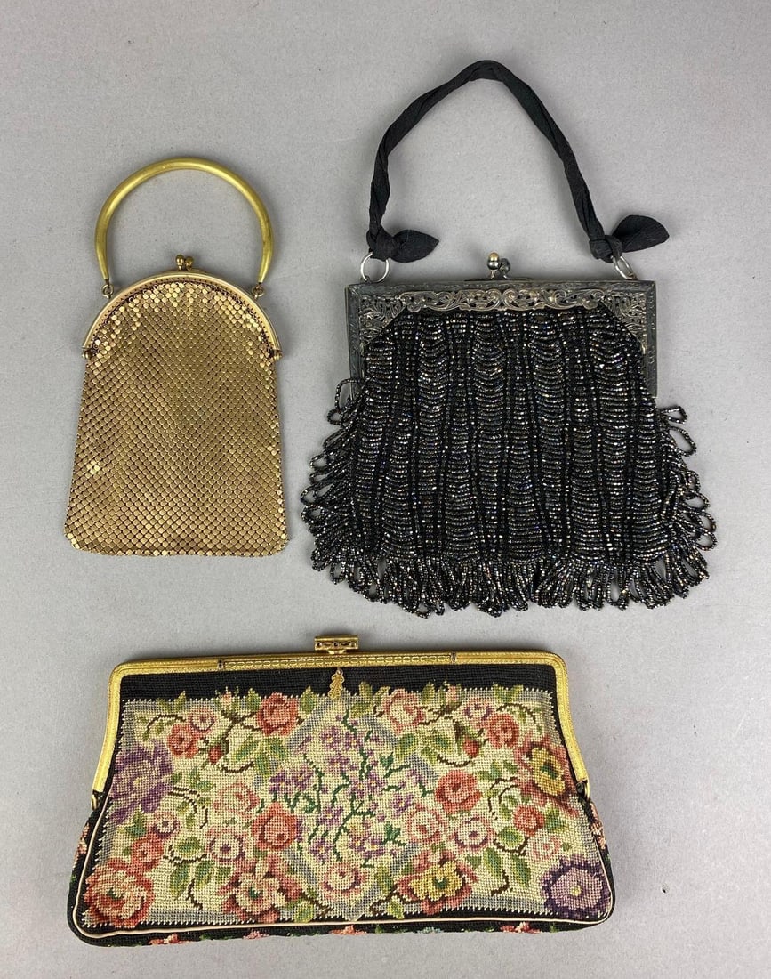 Group of 3 Vintage Purses: Includes Brass Mesh, beaded and embroidery purses, largest measures 11 inches H x 7 inches W with handle