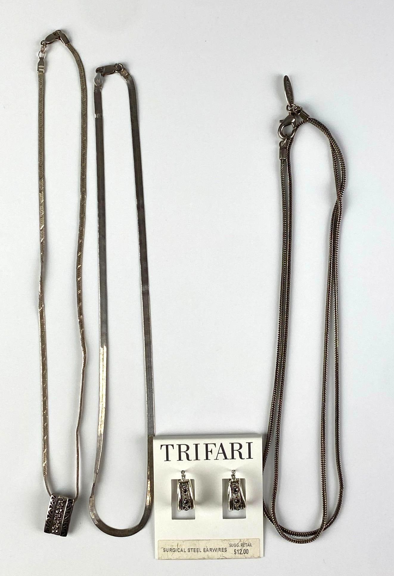 Group of Necklaces and Hoop Earrings: 2 necklaces are Sterling Silver, longest necklace measures 32 inches L