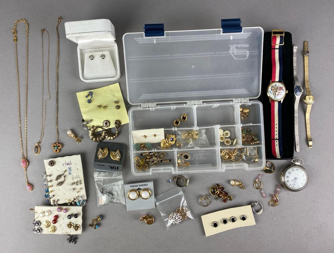 Group of Assorted Jewelry: some sterling silver and gold filled jewelry, includes earrings, necklaces, wristwatches and more, longest necklace measures 20 inches L
