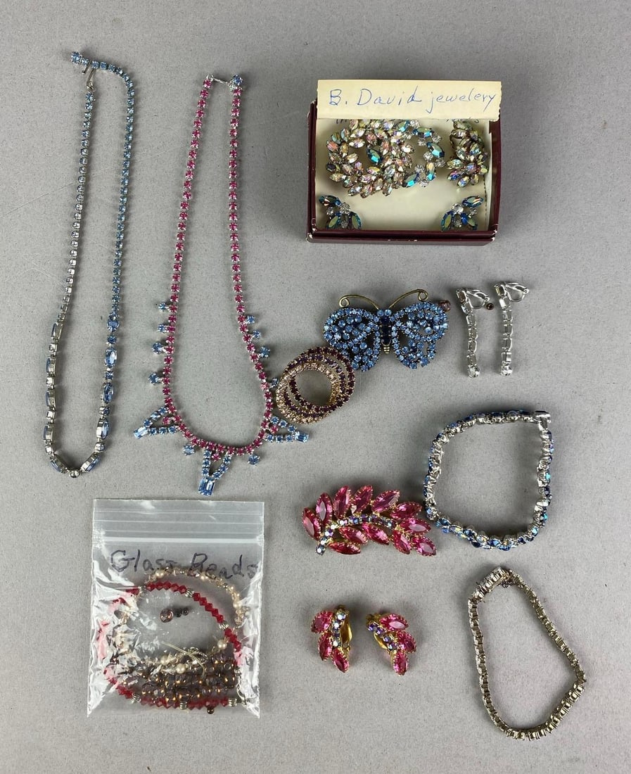 Group of Rhinestone Costume Jewelry: Includes necklaces, glass beads, earrings and more, longest necklace measures 18 inches L