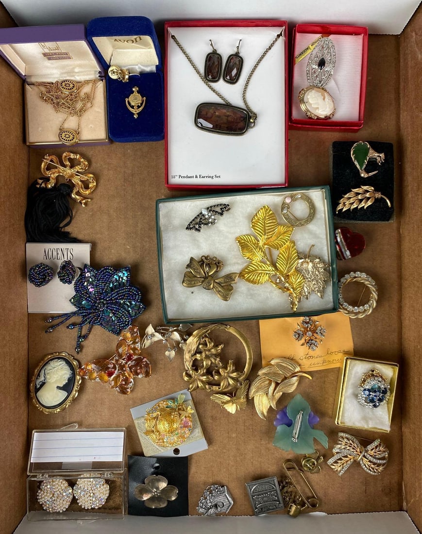 Group of Assorted Costume Jewelry: Includes brooches, earrings, necklaces and more