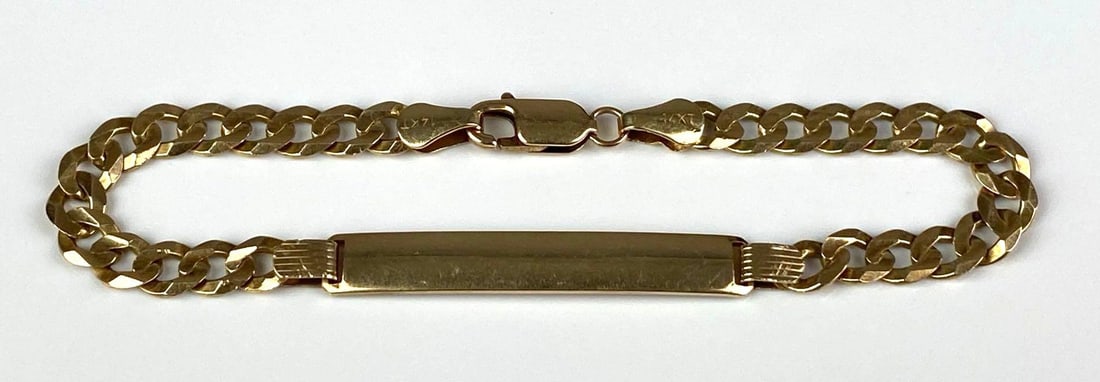 Lee Signed 14K Yellow Gold Curb Link ID Bracelet: Total weight of 10.9 grams, measures 8 inches L
