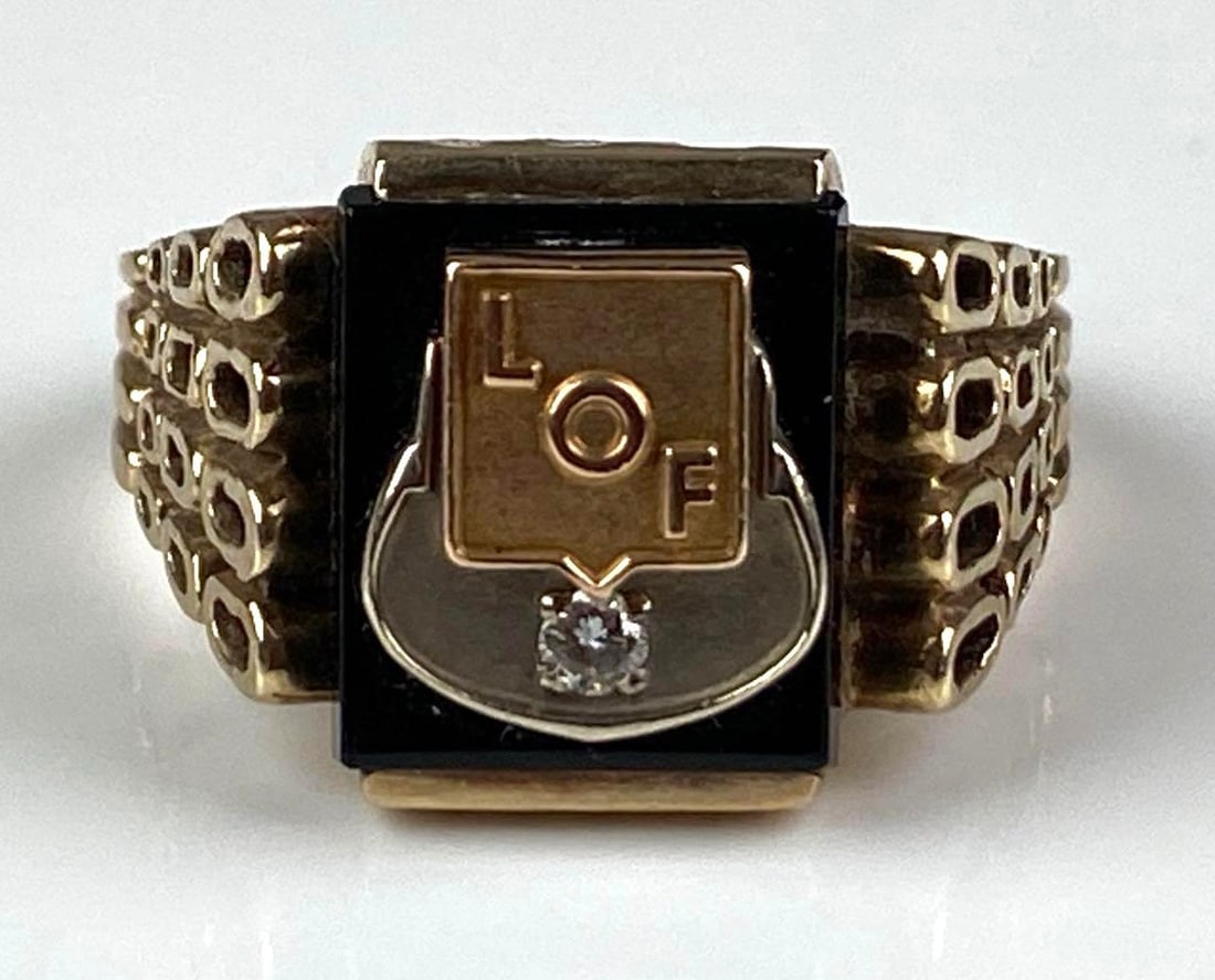 14K Yellow Gold Fraternal LOF Diamond Onyx Ring: Total weight of 11.1 grams, size 12