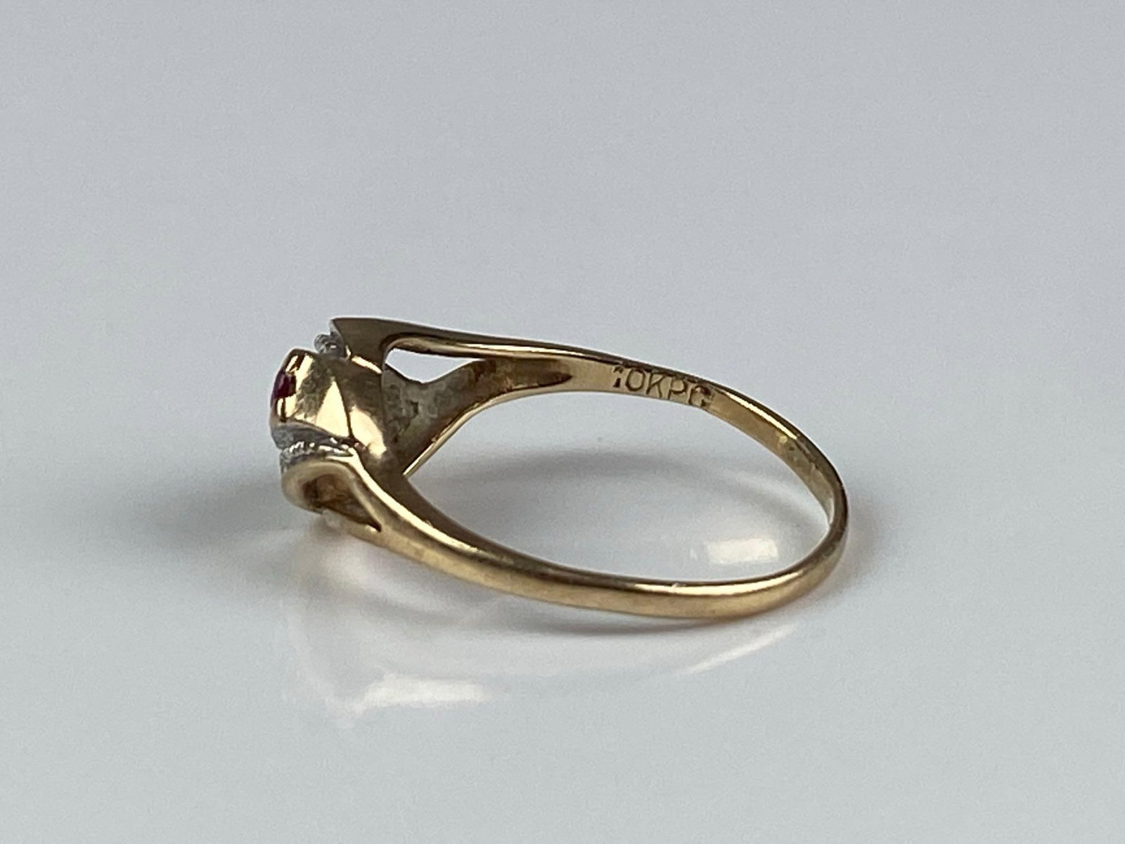 Signed 10K Yellow Gold Ruby Diamond Ring - 2