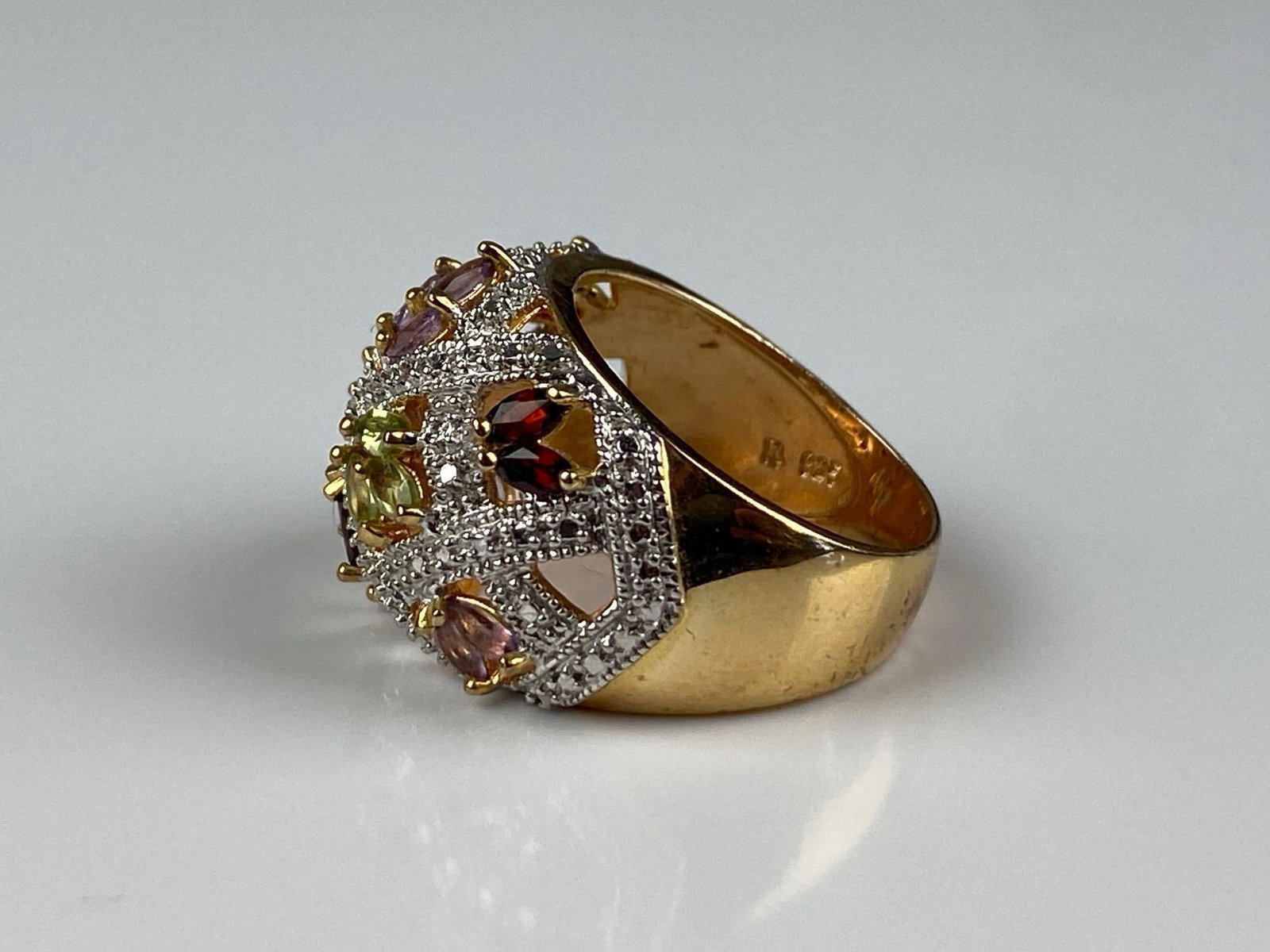 Signed Sterling Silver Gold Plates Multi-Stone Cluster Openwork Ring - 2