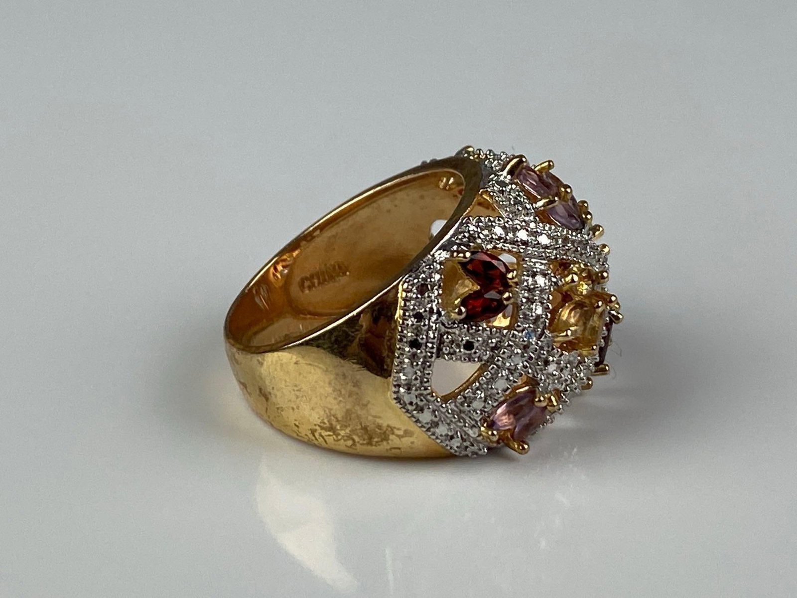 Signed Sterling Silver Gold Plates Multi-Stone Cluster Openwork Ring - 4