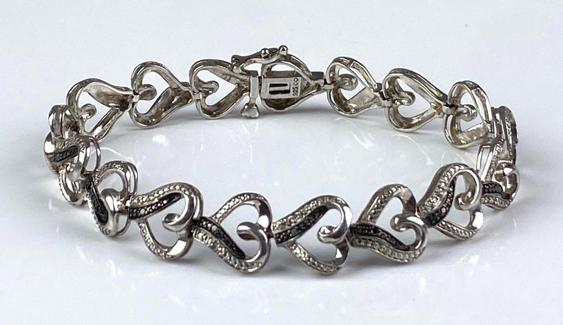 CO Signed Sterling Silver CZ Heart Link Bracelet: Measures 7 1/4 inches L