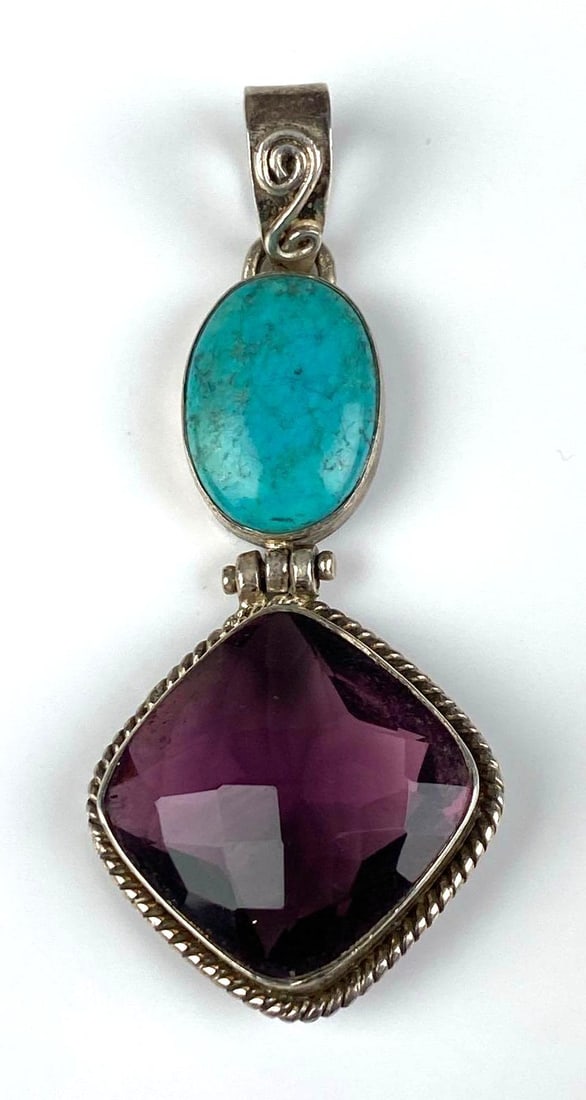 Sterling Silver Turquoise CZ Pendant: Measures 2 1/2 inches H