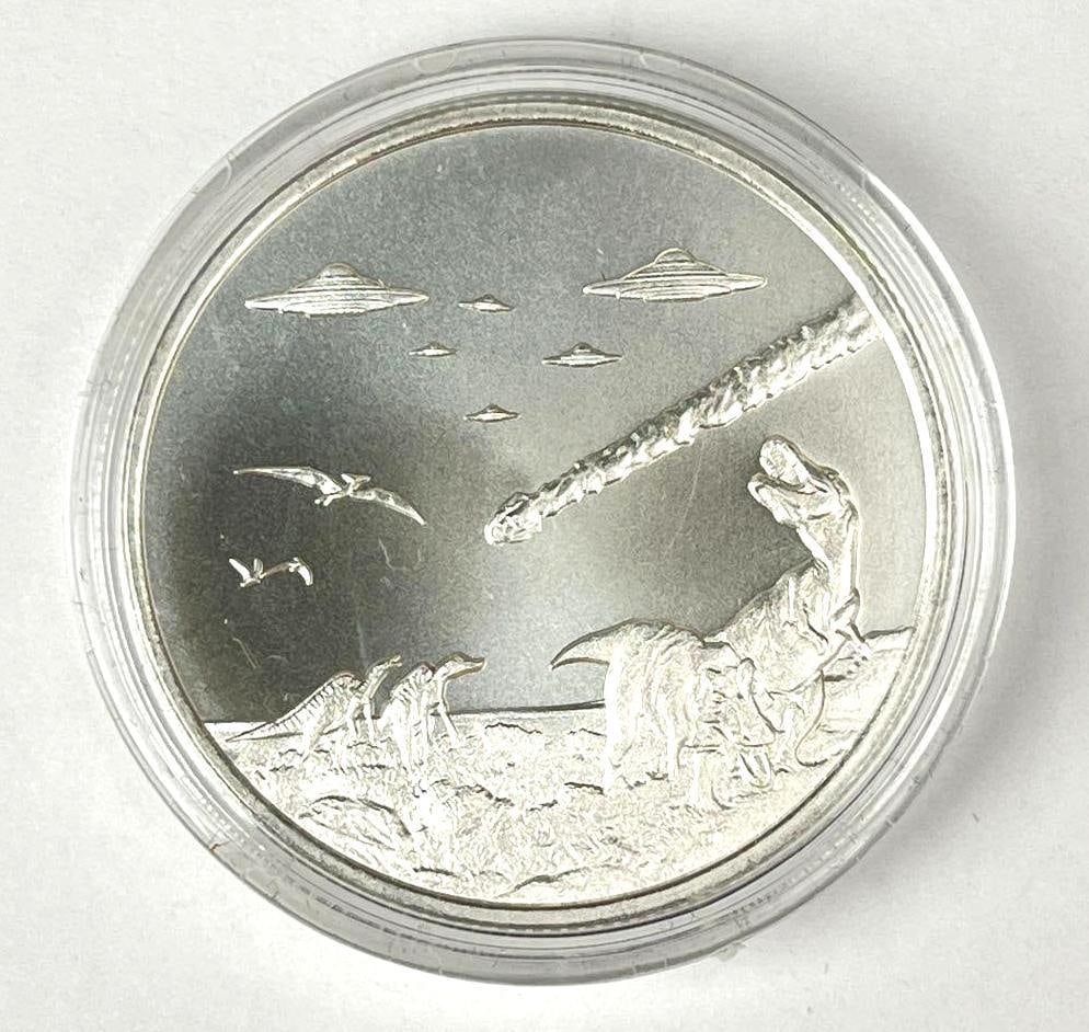 2023 Intaglio UFO over Dinosaurs 1 oz .999 Fine Silver Round (1 of 2)
