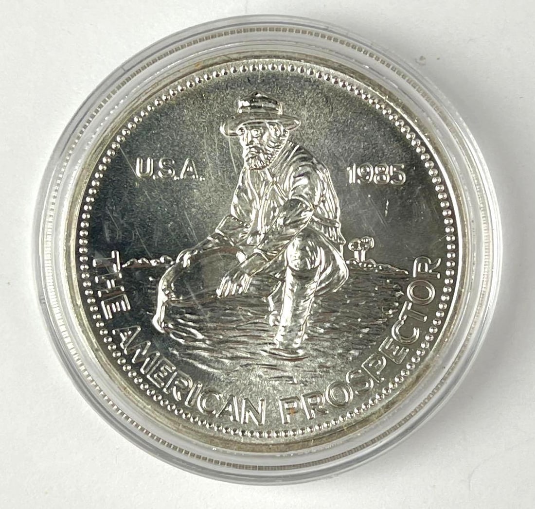 1985 Engelhard The American Prospector 1 oz 999 Fine Silver Round: 1985 Engelhard The American Prospector 1 oz 999 Fine Silver Round