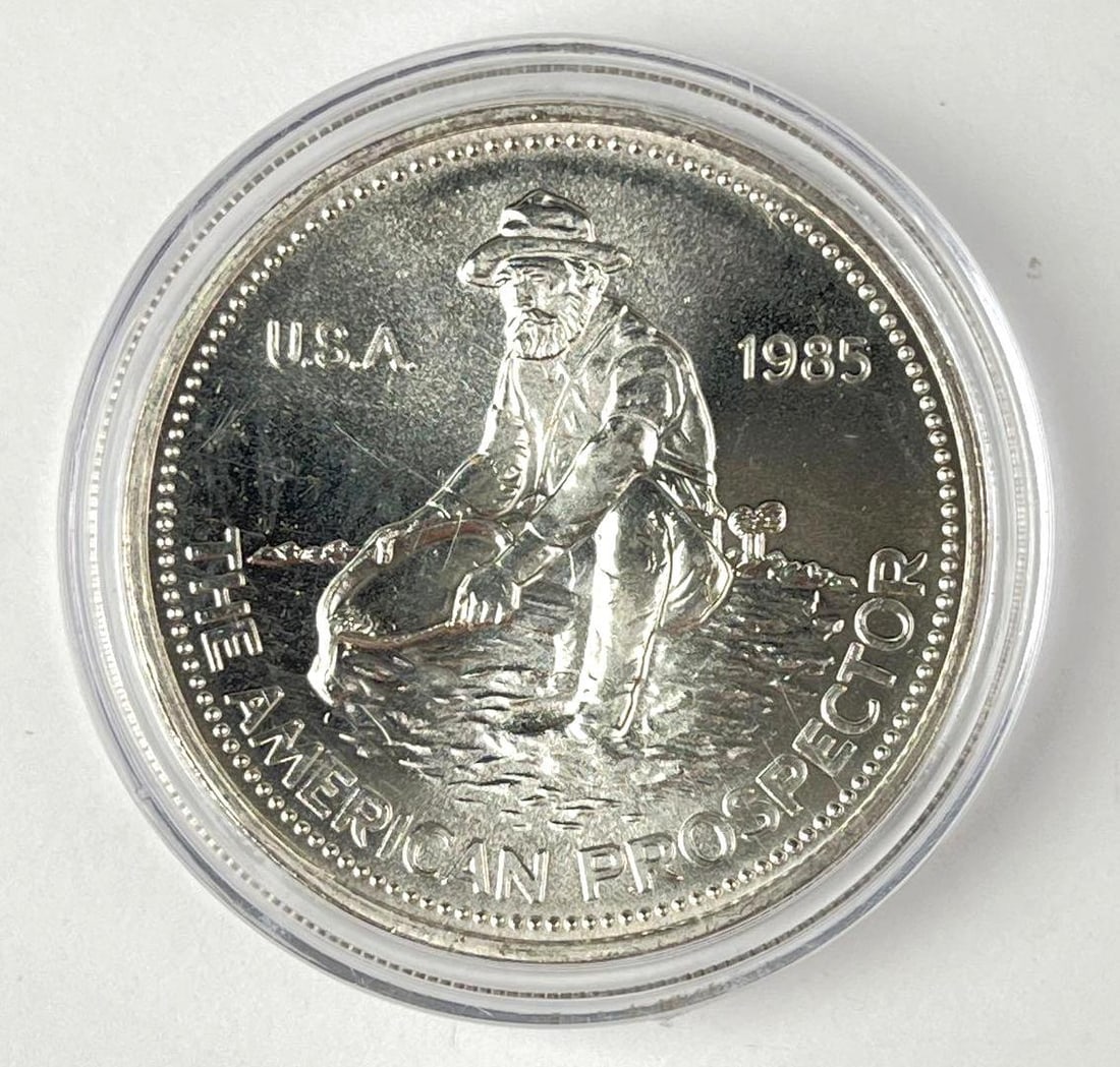 1985 Engelhard The American Prospector 1 oz 999 Fine Silver Round: 1985 Engelhard The American Prospector 1 oz 999 Fine Silver Round