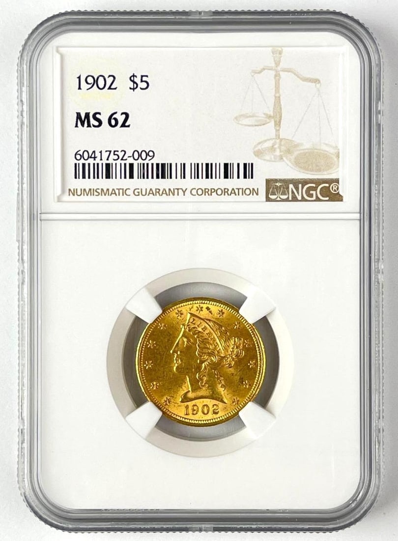 1902 US $5 Liberty Head Gold Coin NGC MS62: 1902 US $5 Liberty Head Gold Coin NGC MS62