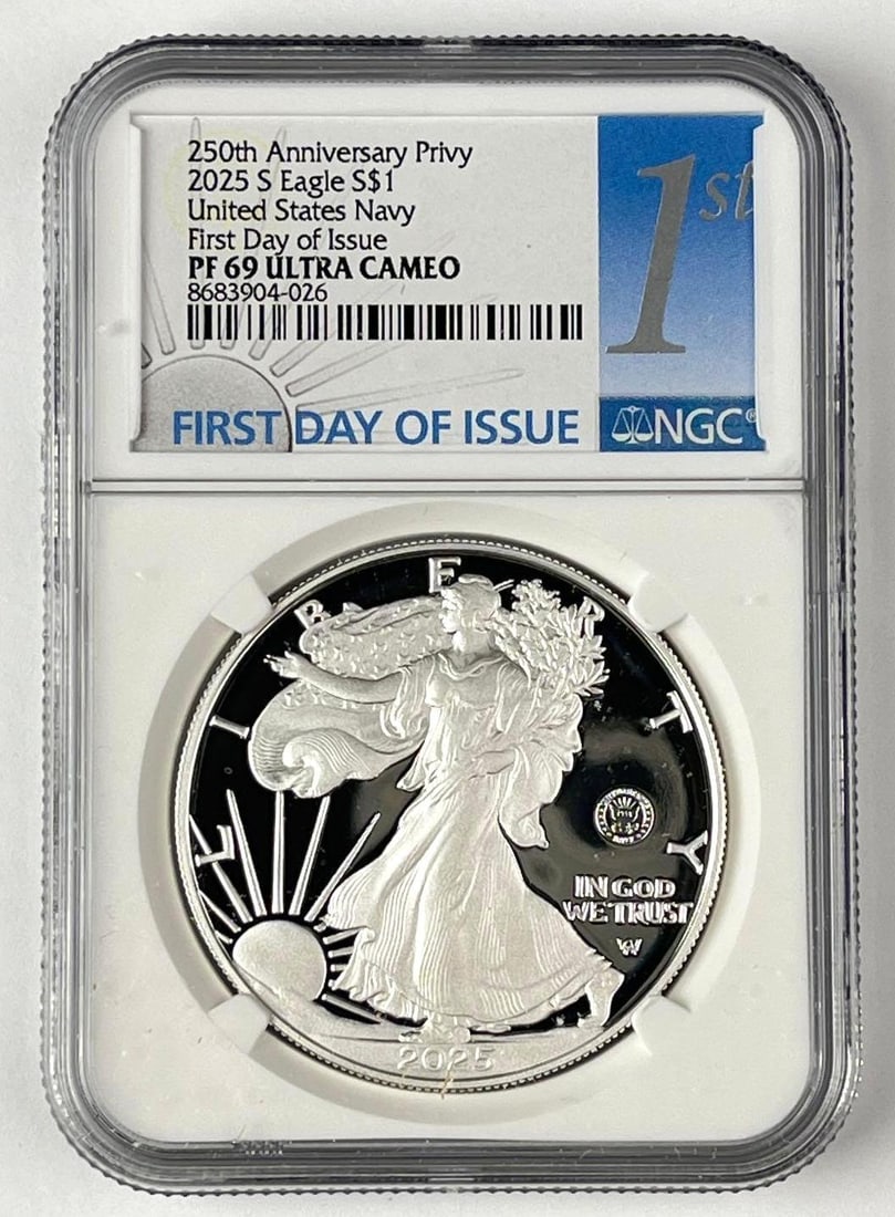 2025 S US $1 American Silver Eagle with 250th Anniversary Privy 1 oz Fine Silver Coin NGC PF69 Ultra: First Day of Issue, US Navy