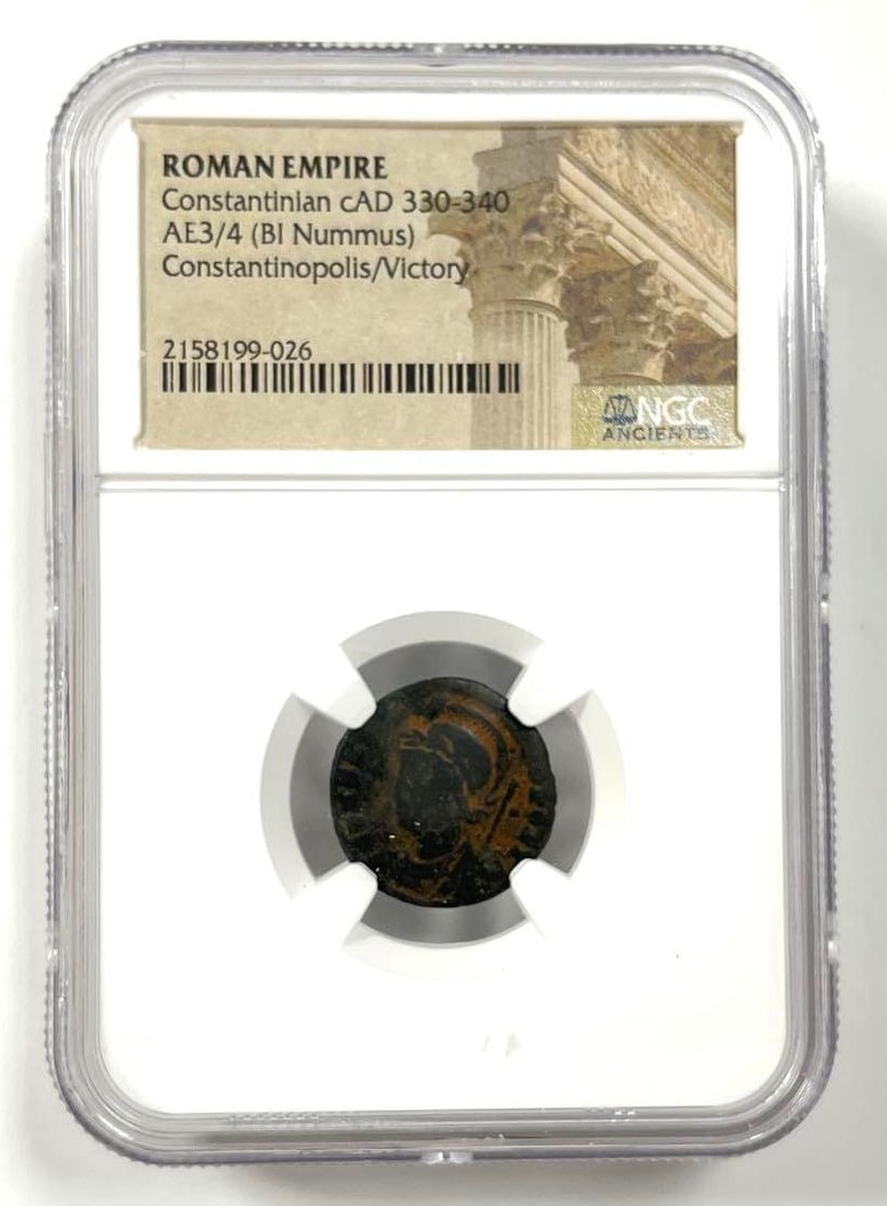 330-340 cAD AE3/4 BI Nummus Roman Empire Constantinian Constantinople/ Victory NGC Ancients: 330-340 cAD AE3/4 BI Nummus Roman Empire Constantinian Constantinople/ Victory NGC Ancients