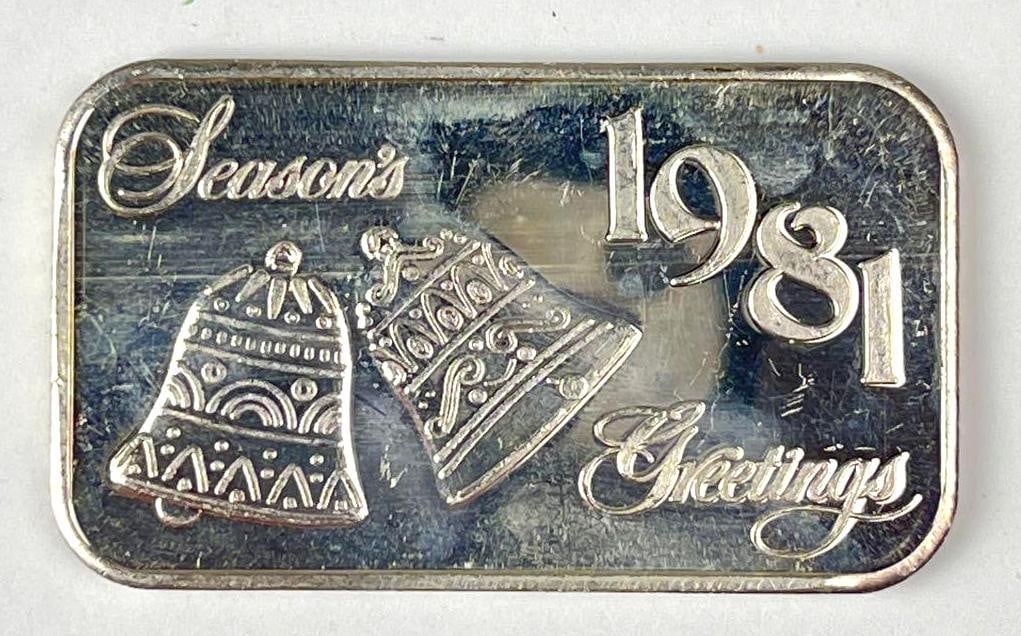 1981 Seasons Greetings 1 oz .999 Fine Silver Ingot/ Bar (1 of 2)
