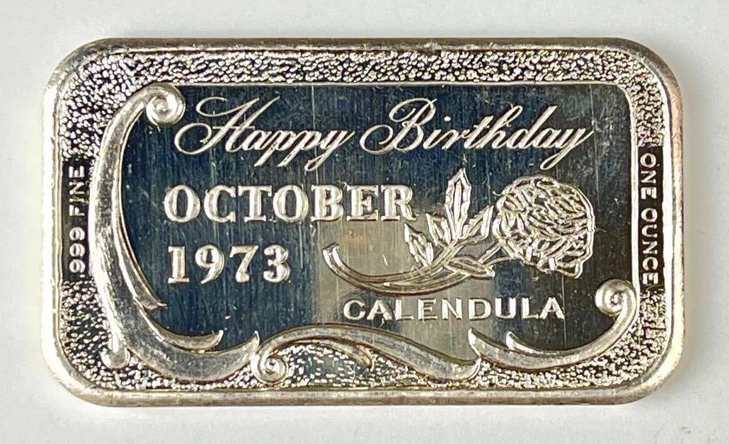 1973 Ceeco October Happy Birthday Calendula 1 oz .999 Fine Silver Ingot / Bar: 1973 Ceeco October Happy Birthday Calendula 1 oz .999 Fine Silver Ingot / Bar