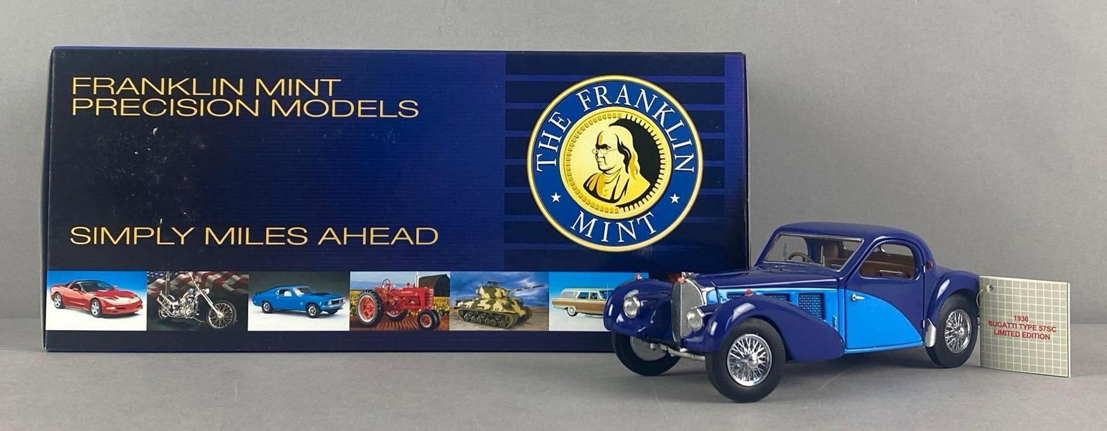 Franklin Mint Le 1936 Bugatti Type 57SC: Die-cast, 1/24 scale, limited edition No. 162 of 2500, in original box and shipping box with COA, box measures 5 1/2 inches H x 4 1/2 inches W x 12 inches D