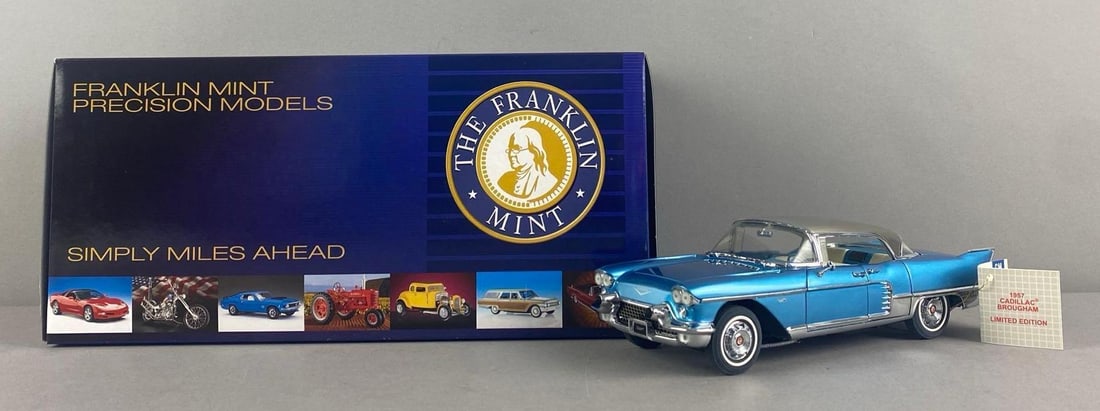 Franklin Mint LE 1957 Cadillac Brougham: Die-cast, 1/24 scale, limited edition No. 1962 of 2500, in original box and shipping box with COA, box measures 5 1/2 inches H x 6 1/2 inches W x 12 1/2 inches D