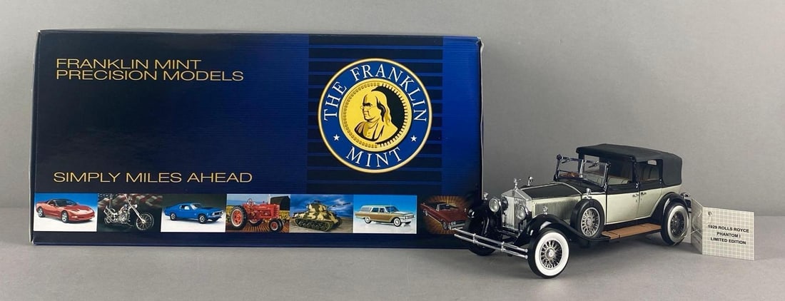 Franklin Mint LE 1929 Rolls Royce Phantom 1: Die-cast, 1/24 scale, limited edition No. 163 of 1500, in original box and shipping box with COA, box measures 7 inches H x 6 inches W x 14 1/2 inches D